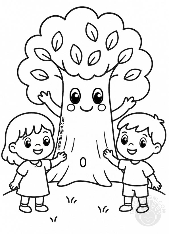 Disegno da colorare Festa dell’Albero con albero sorridente e due bambini che lo abbracciano.