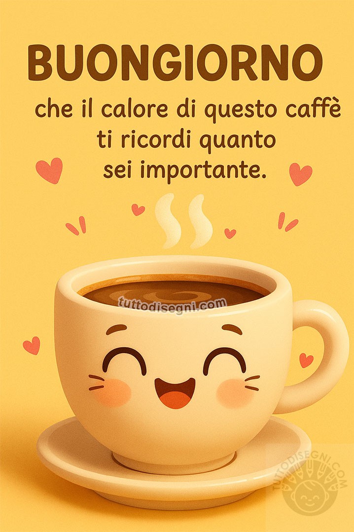 immagine buongiorno 13 novembre giornata della gentilezza con tazzina caffè sorridente tenera e colorata.
