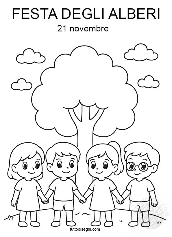 Festa dell'albero Scuola Primaria 3 bambini scuola primaria disegno da colorare tengono per mano attorno a un albero festa degli alberi