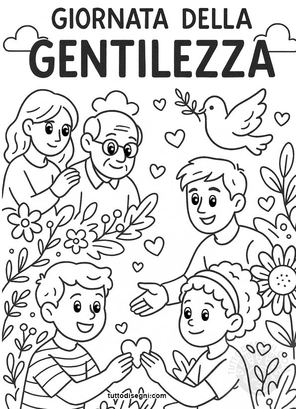 Disegno della Giornata della Gentilezza da colorare con bambini che si scambiano un cuore, simboli di pace e fiori.