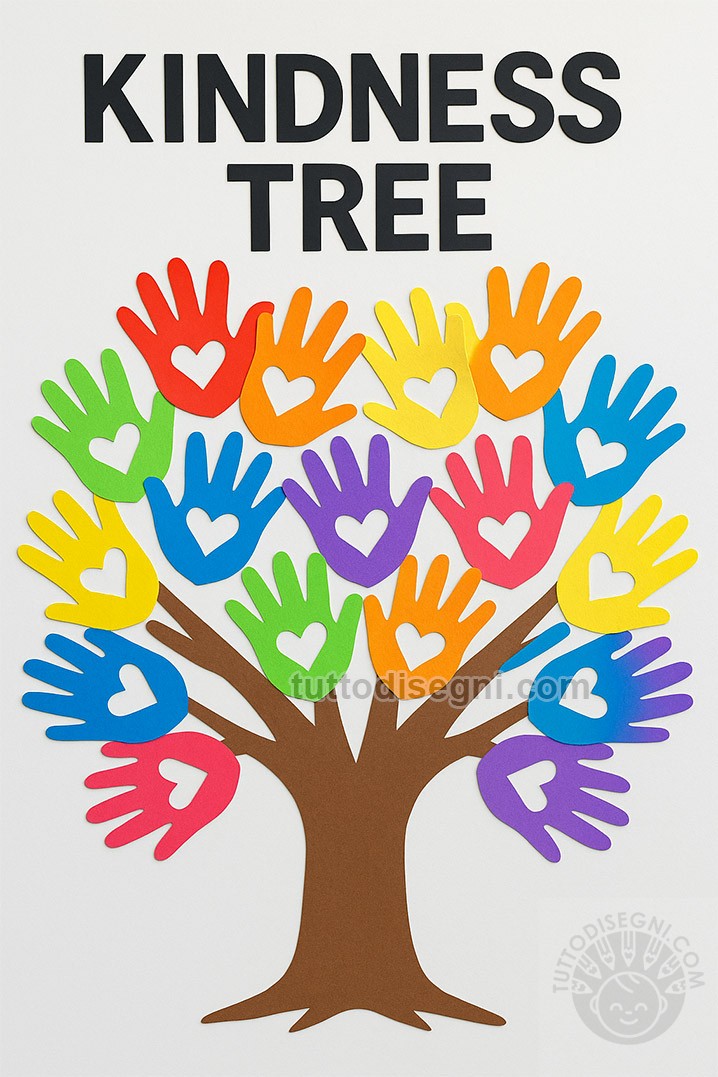 Kindness Tree – L’albero della gentilezza con mani colorate e cuori ritagliati