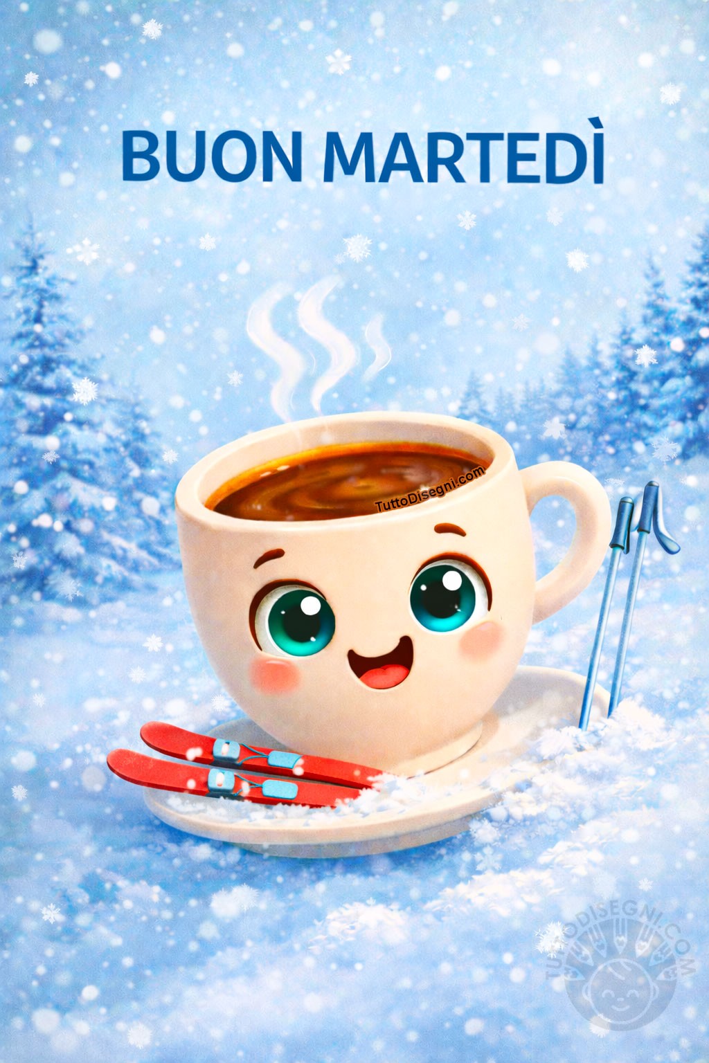 Buon martedì con caffè invernale e tazzina sorridente sulla neve