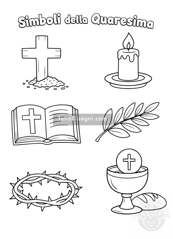Simboli Quaresima da colorare disegni semplici stilizzati in bianco e nero per bambini.