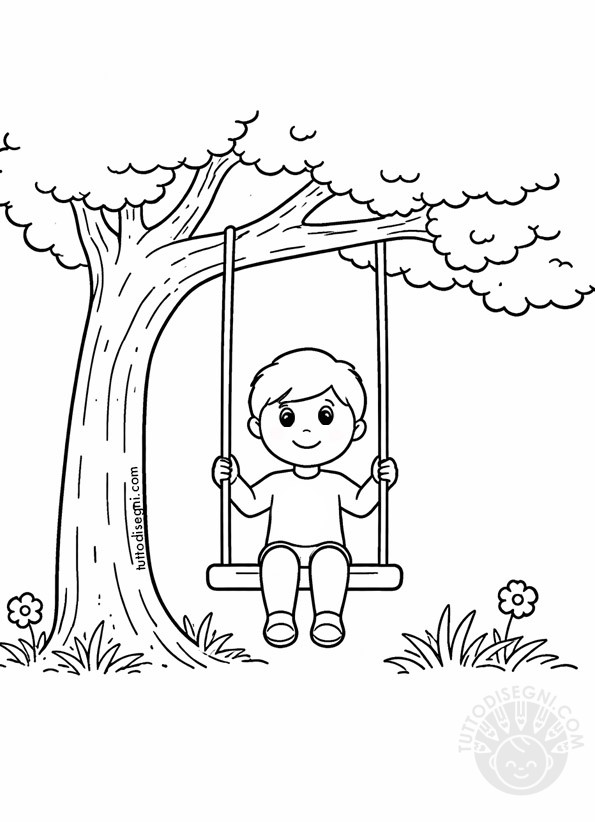 Bambino sull’altalena da colorare sotto un albero.