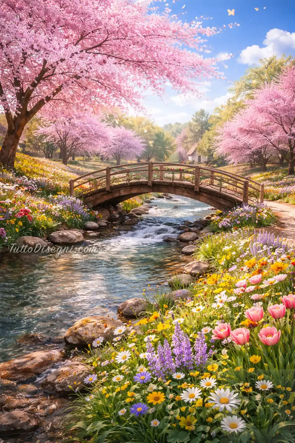 foto di primavera con ponte e fiori