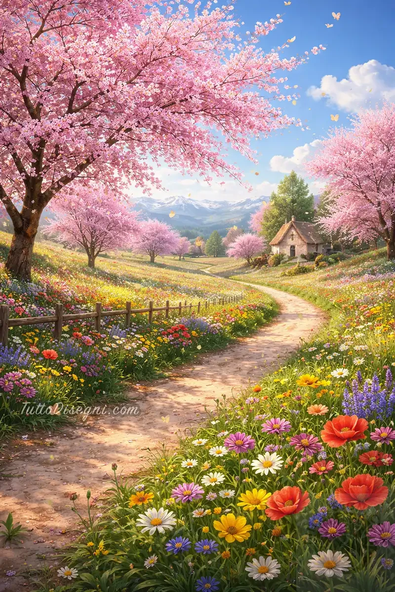 paesaggio primaverile con sentiero e fiori