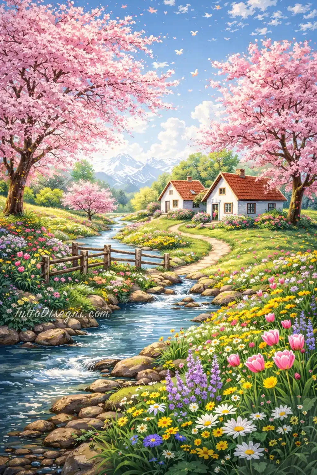 immagine primavera con case e natura