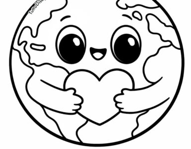 terra kawaii con cuore da colorare