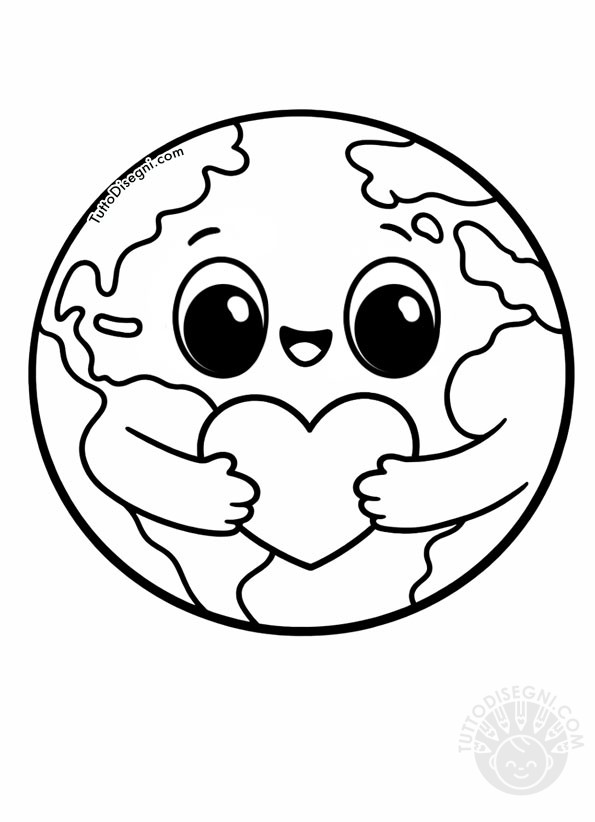 terra kawaii con cuore da colorare