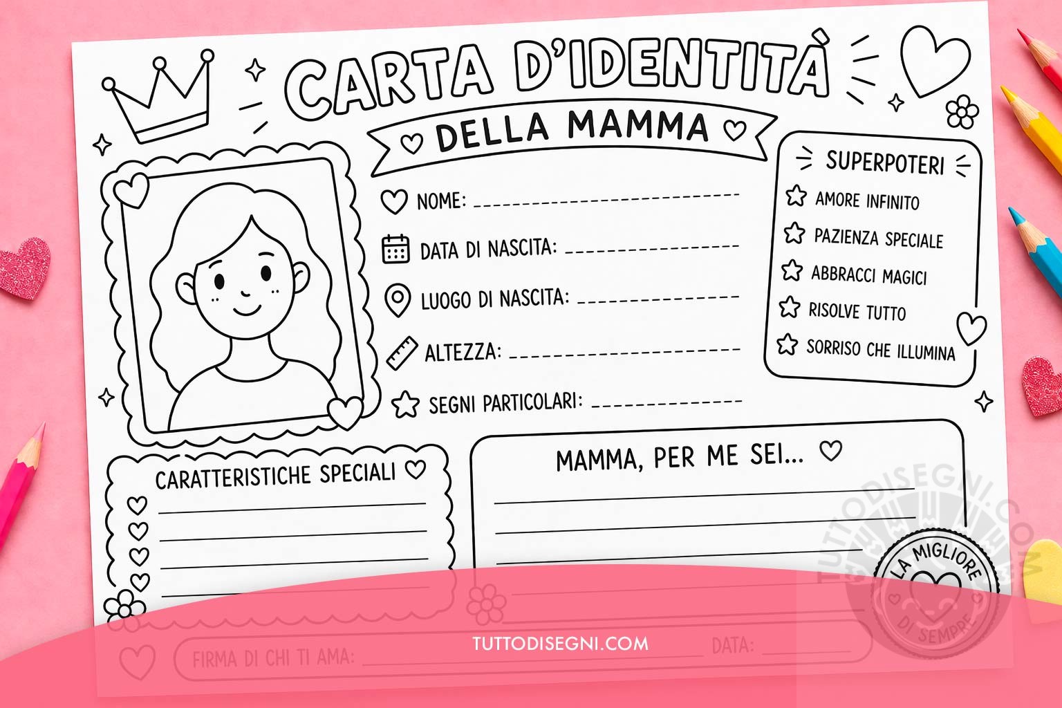 Carta d'identità della mamma da colorare scuola primaria