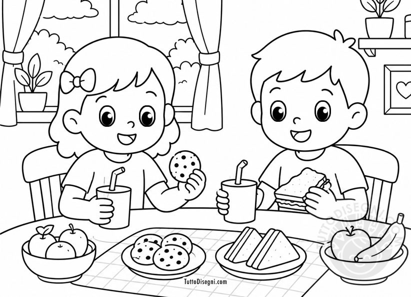 Bambini che fanno merenda da colorare 7 Bambini che fanno merenda disegno