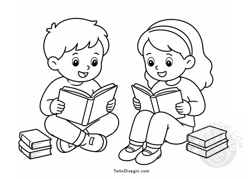 Bambini che leggono da colorare 7 Due bambini seduti che leggono un libro da colorare