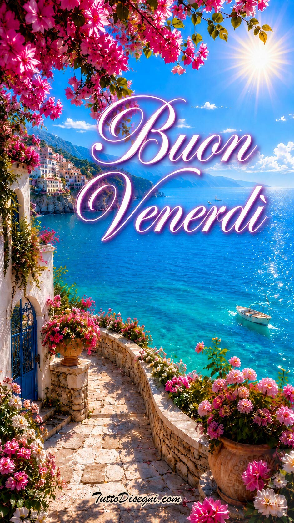 Buongiorno venerdì 9 buon venerdì immagine mare fiori rosa e vicolo