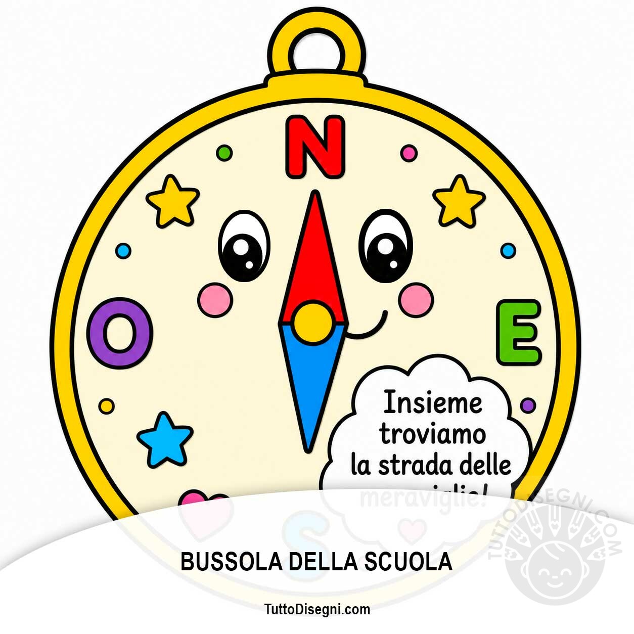 Bussola della scuola a colori con frase di accoglienza per bambini.