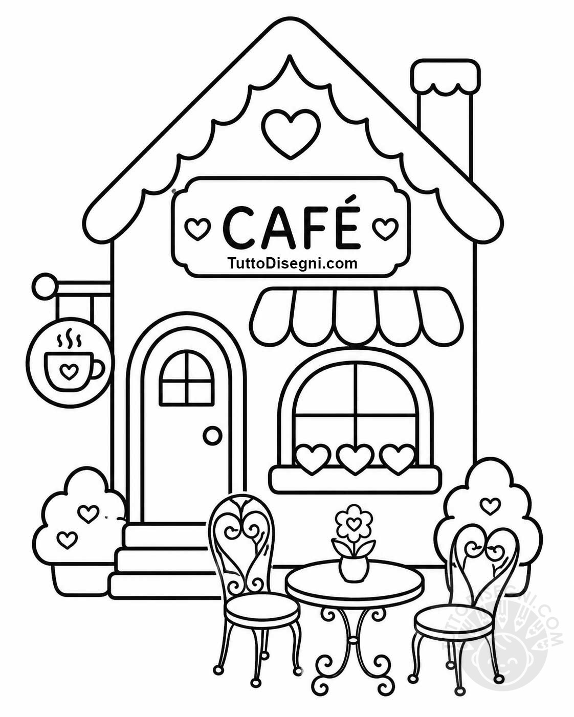 Disegno cozy di una caffetteria con insegna, tendina e tavolino con fiore