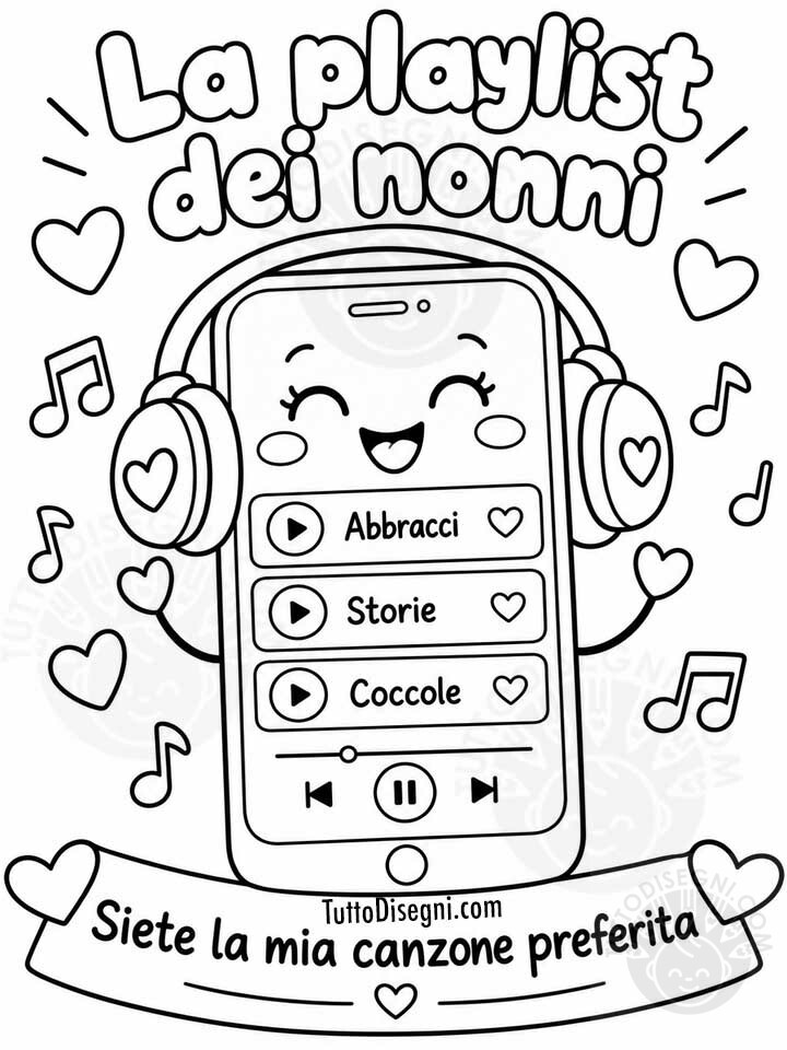 La playlist dei nonni da colorare 1 La playlist dei nonni da colorare con smartphone, cuffie e frase Siete la mia canzone preferita.