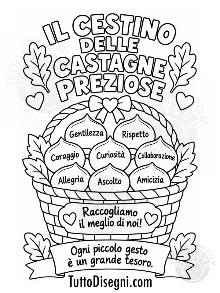Cestino delle castagne da colorare 1 Cestino delle castagne preziose da colorare con parole gentili, disegno autunnale per cartellone scolastico da stampare