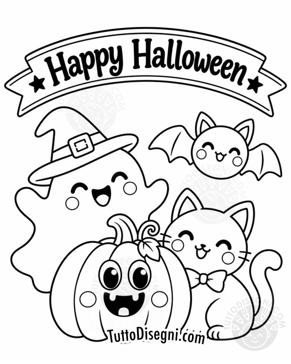 Decorazione Happy Halloween Kawaii da stampare e colorare